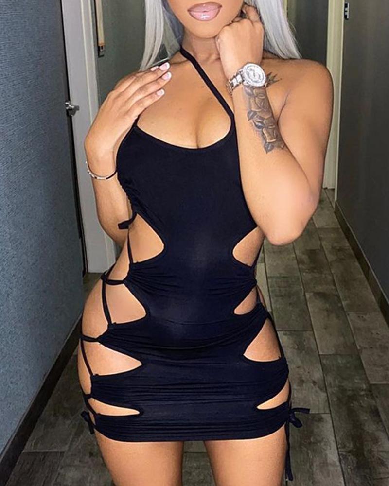 

Lace-up Cutout One Shoulder Bodycon Dress, Black