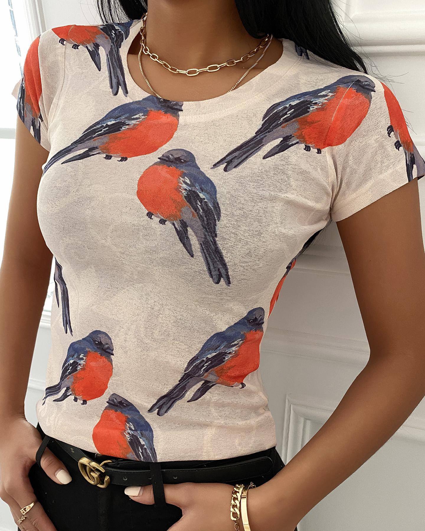 

Bird Print Short Sleeve T-shirt, Multicolor