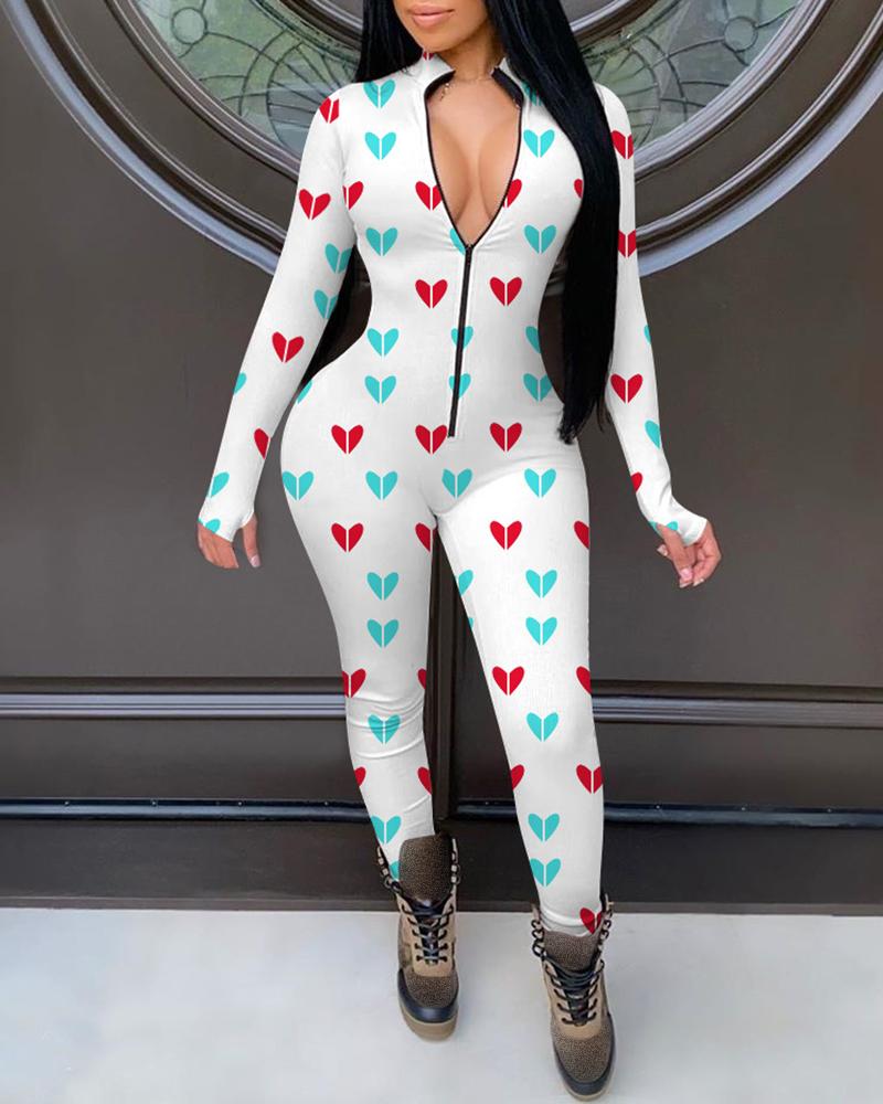 

Heart Print Zipper Front Long Sleeve Skinny Jumpsuit, White
