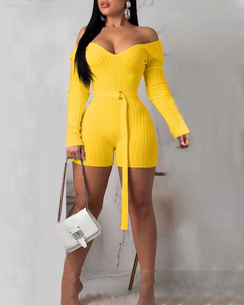 

Long Sleeve Off Shoulder Solid Color Romper (With Belt), Yellow