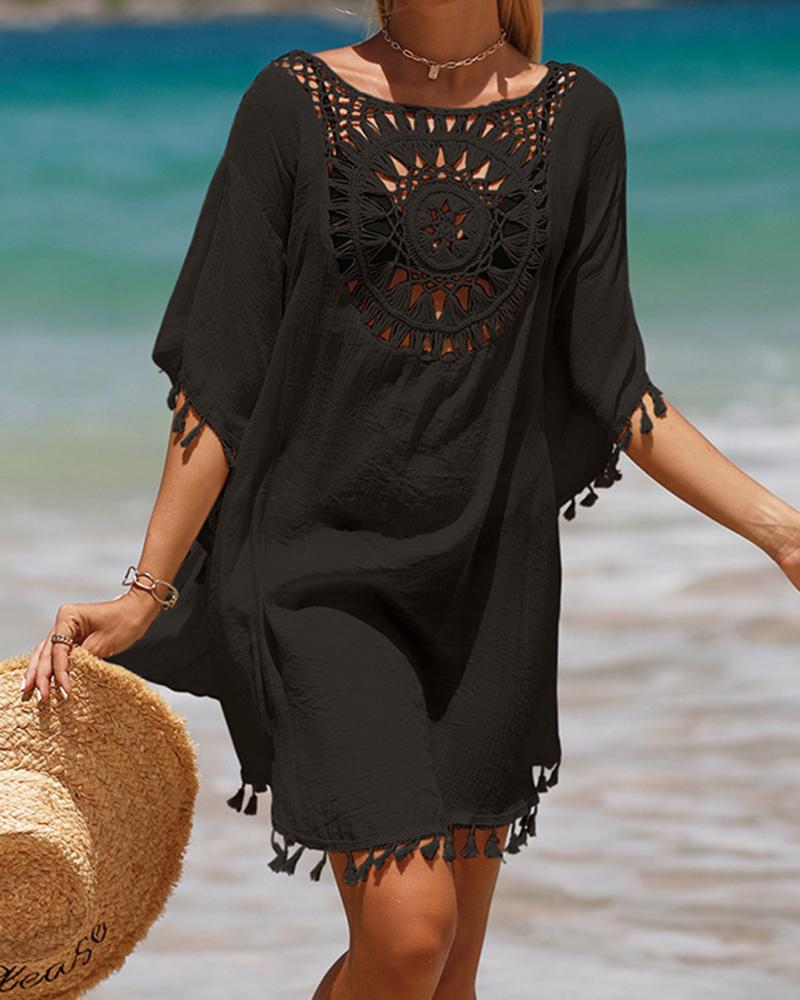 

Hollow Out Geometric Pattern Tassel Design Cover Up Dress, Black