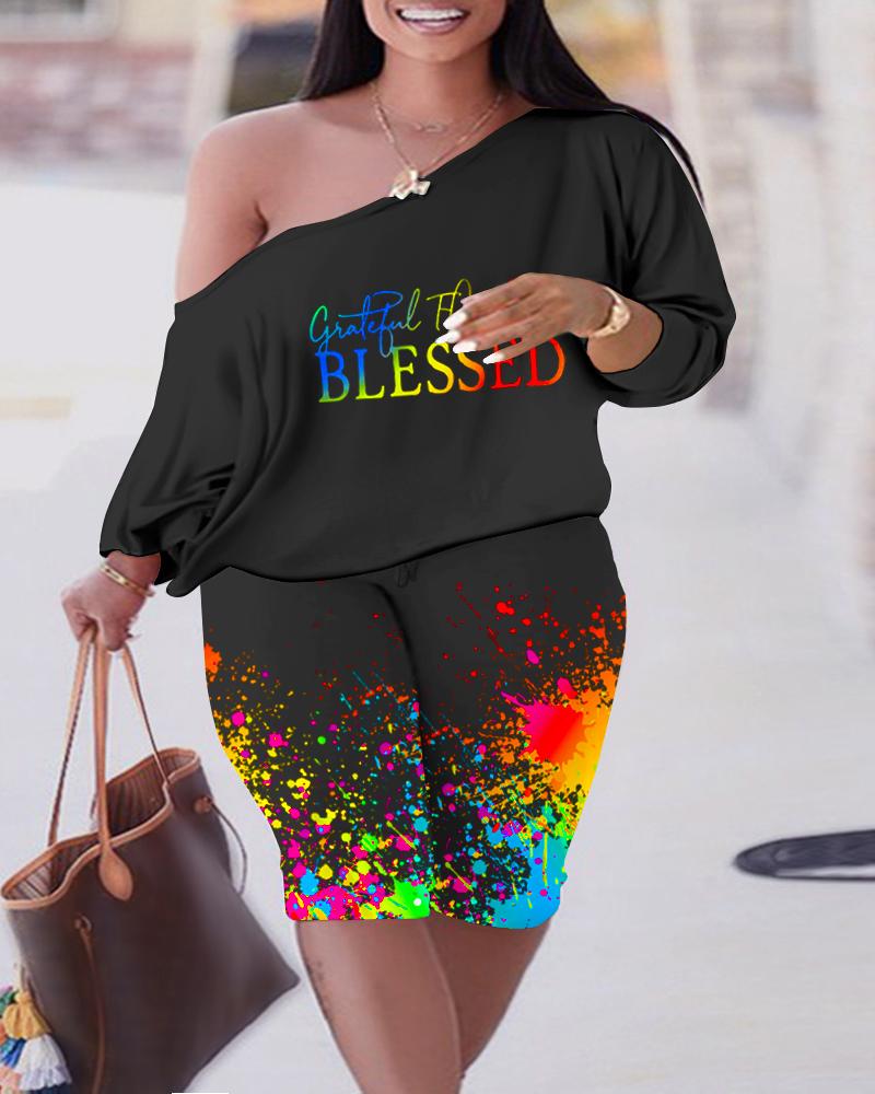 Plus Size Grateful Thankful Blessed Ink Splash Print Top & Pants Set