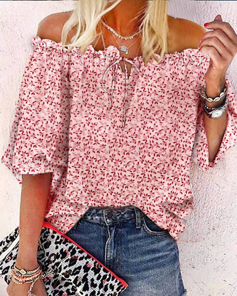 

Off Shoulder Floral Print Frill Hem Lantern Sleeve Top, White