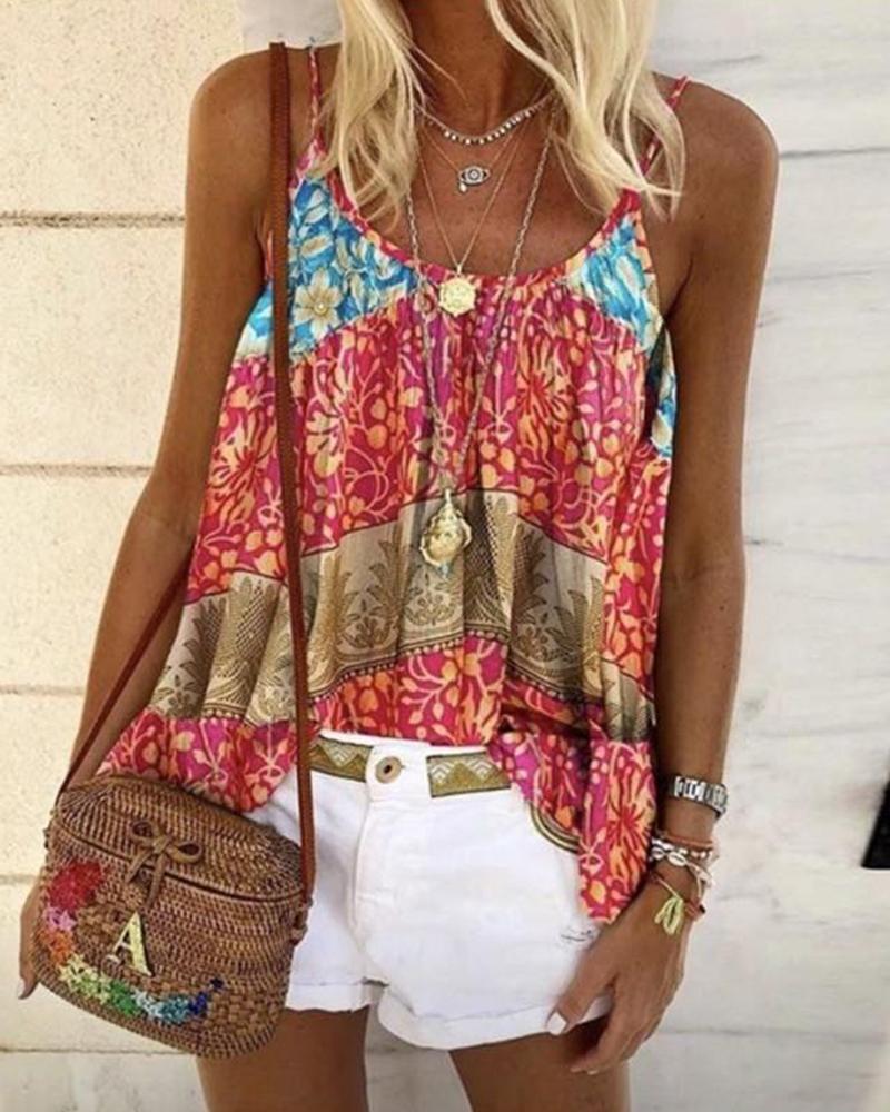

Boho Floral Print Cami Top, Red