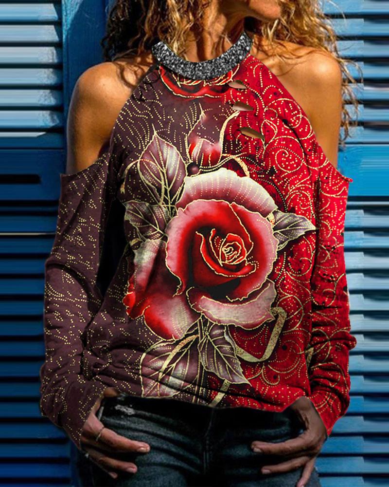 

Cold Shoulder Cutout Floral Print Top, Multicolor