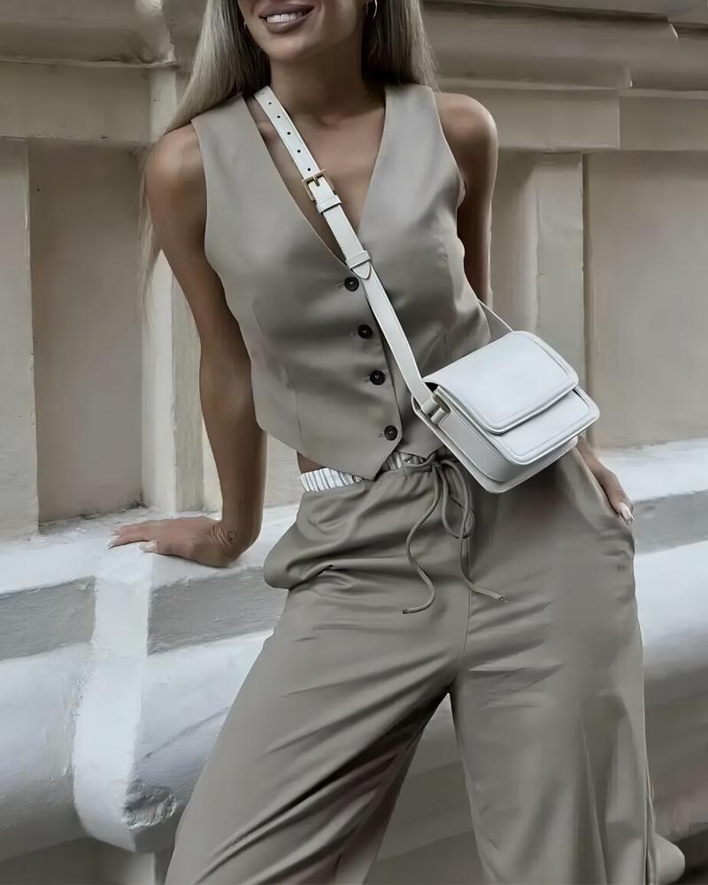

Buttoned Vest Top & Drawstring Pants Set, Khaki
