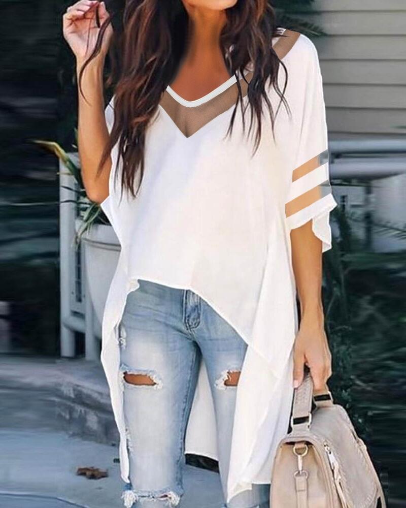 

Contrast Mesh Batwing Sleeve High Low Hem Top, White