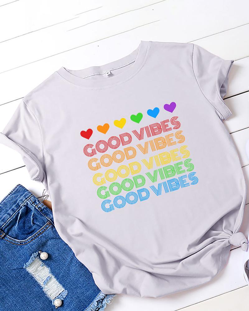 

Short Sleeve Letter Heart Print O-Neck Top, Gray