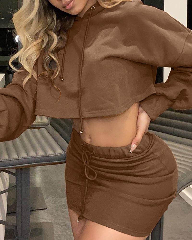 

Hooded Crop Top & Drawstring Skirt Set, Coffee