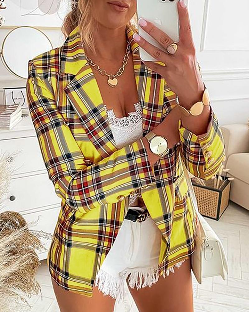 

Plaid Print Button Decor Long Sleeve Blazer Coat, Yellow