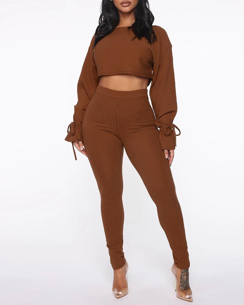 

Tied Detail Bell Sleeve Crop Top & High Waist Pants Set, Brown