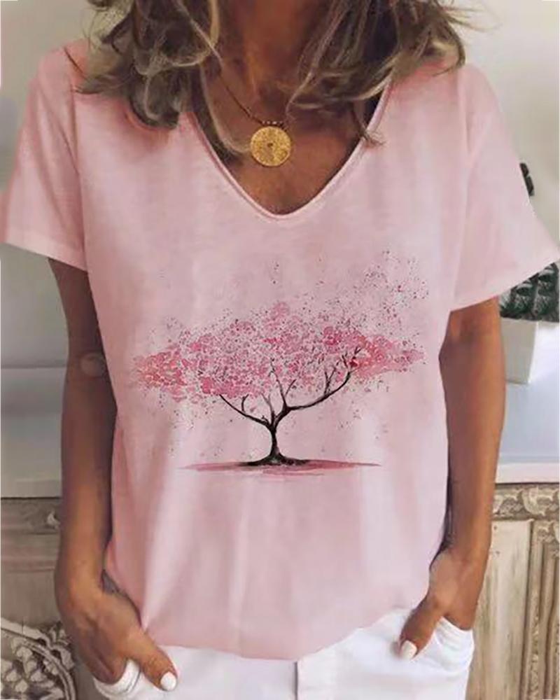 

Tree Print V-neck Casual T-shirt, Pink