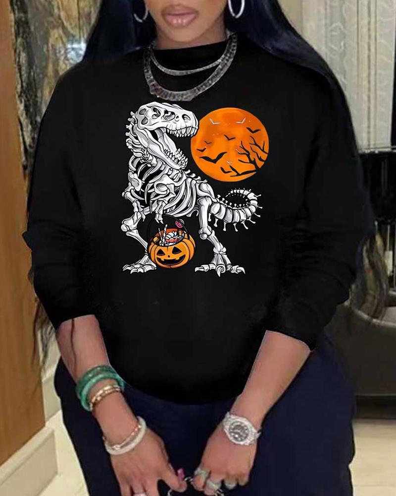 

Halloween Dinosaur Skeleton Pumpkin Print Crew Neck Sweatshirt, Black