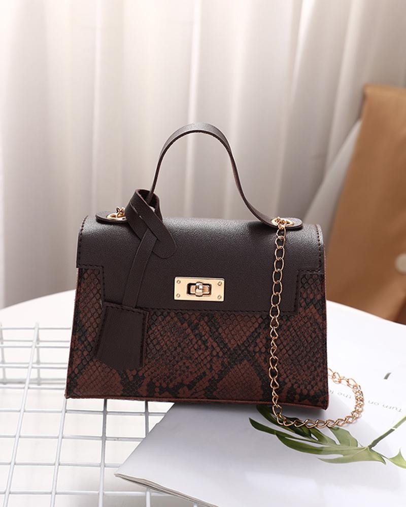 

Snakeskin Twist Lock Square Satchel Bag, Coffee