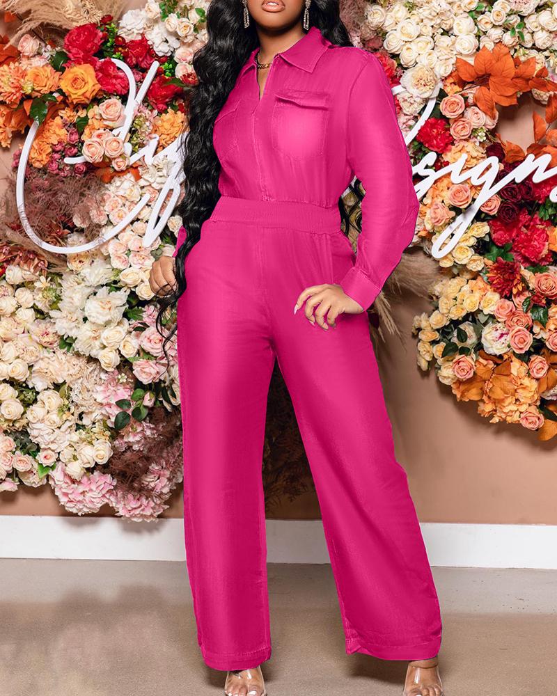 

Pocket Design Top & High Waist Wide Leg Pants Set, Hot pink