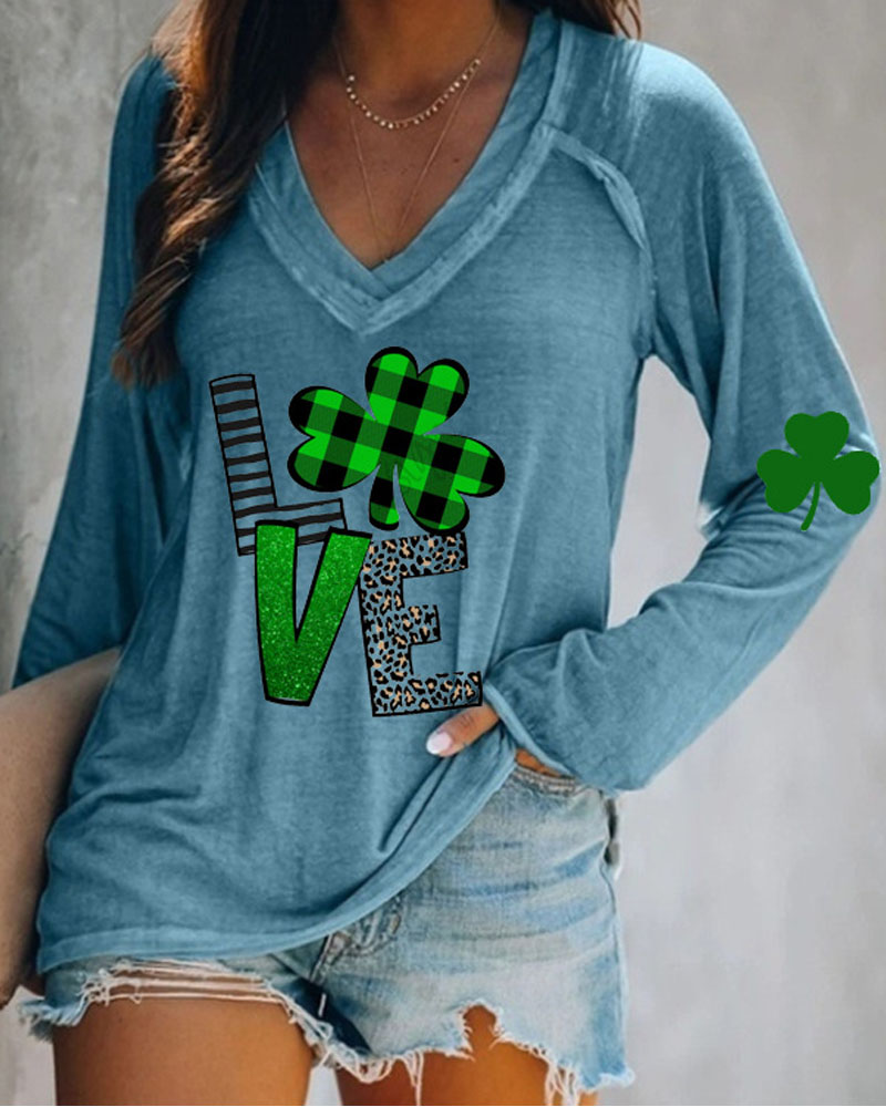 

St. Patrick' Day Clover Letter Print Long Sleeve Top, Blue