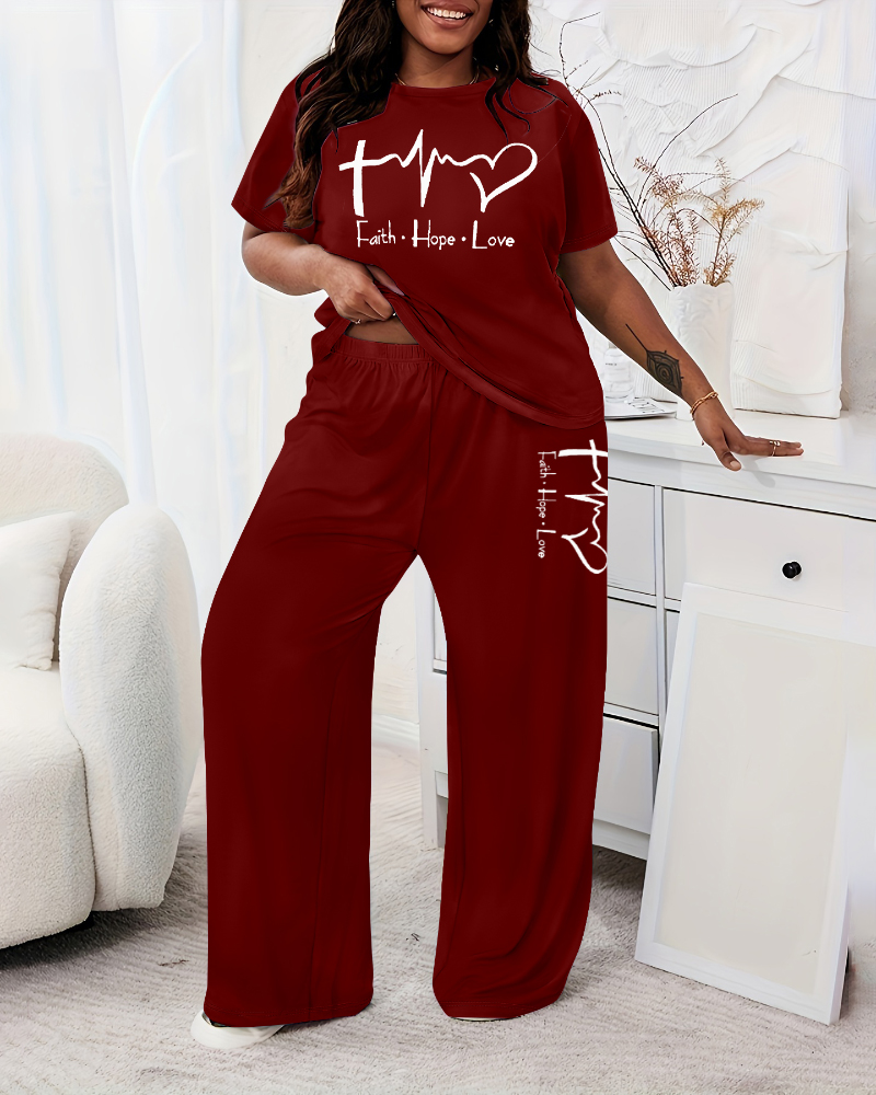 

2 Piece Outfits Letter Print Casual Short Sleeve Tops and Wide Leg Pants Lounge Sets, Wine red