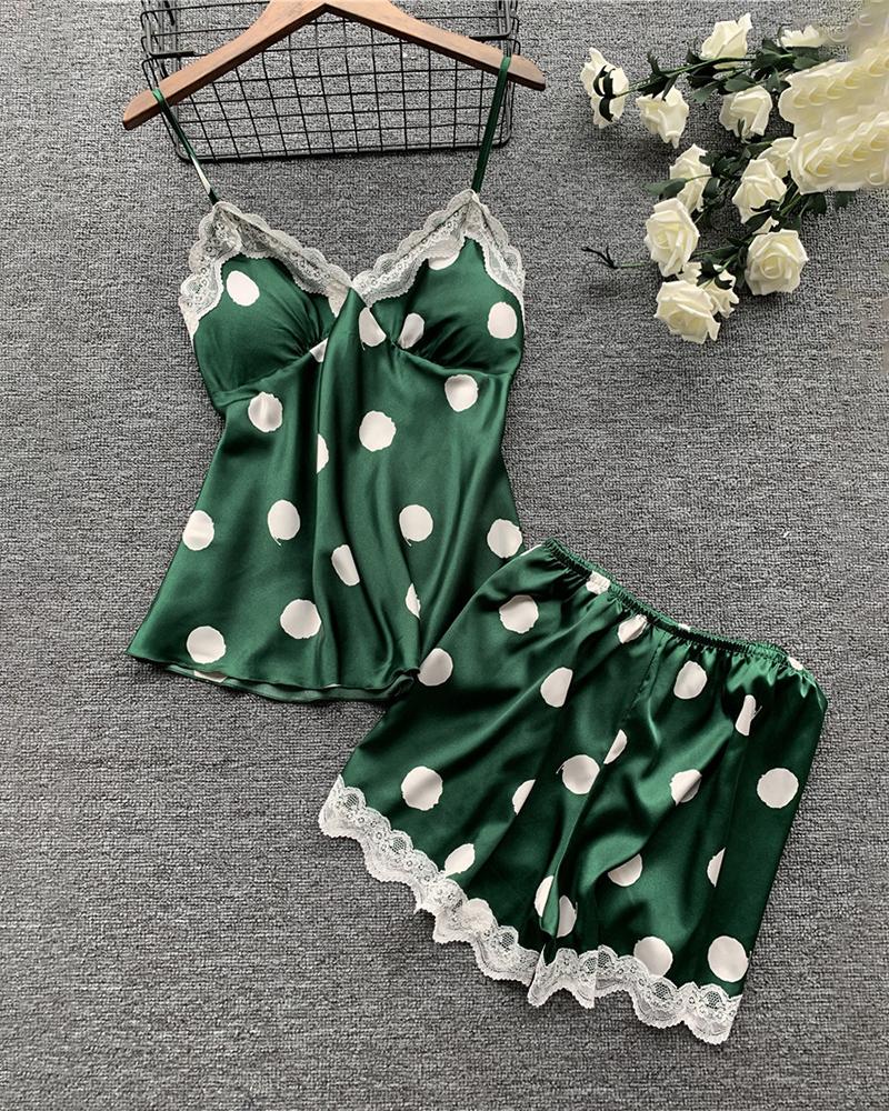 

Polka Dot Print Crochet Lace Trim Cami Set, Green