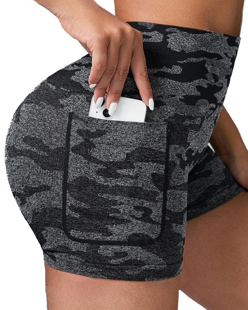 

Camouflage Print Butt Lifting Active Shorts With Pockets, Dark grey