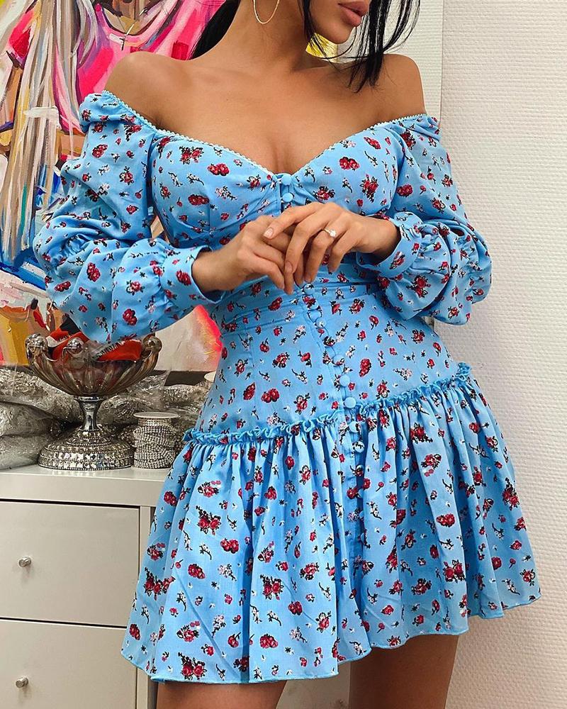 

Off Shoulder Ditsy Floral Print Dress, Blue