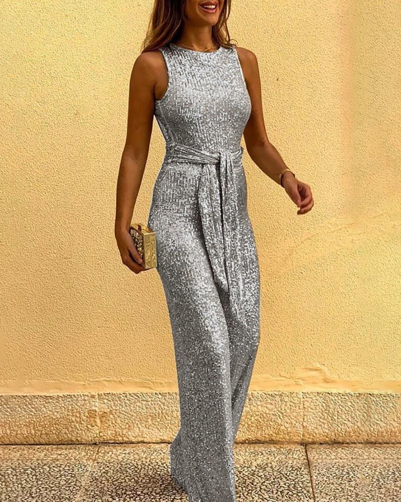 

Glitter Round Neck Sleeveless Backless Sequins Jumpsuit, Silver