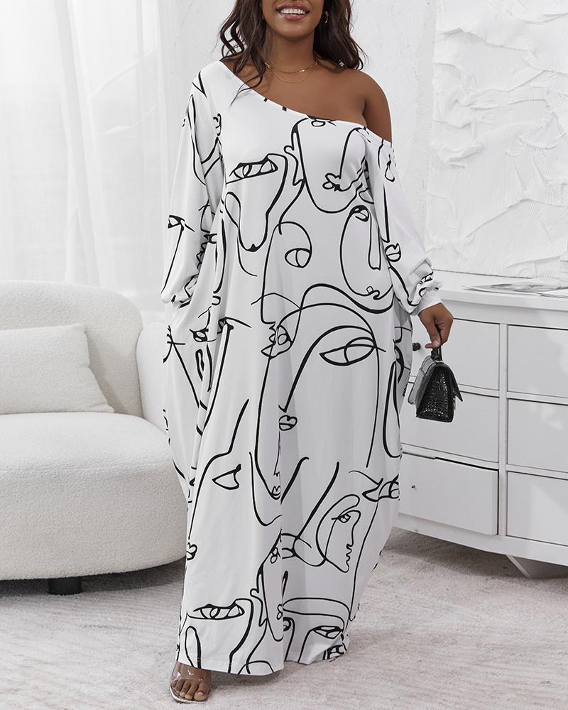 

Plus Size Abstract Figure Print Lantern Sleeve Maxi Dress, White