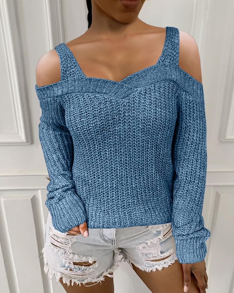 

Plain Long Sleeve Cold Shoulder Sweater, Blue