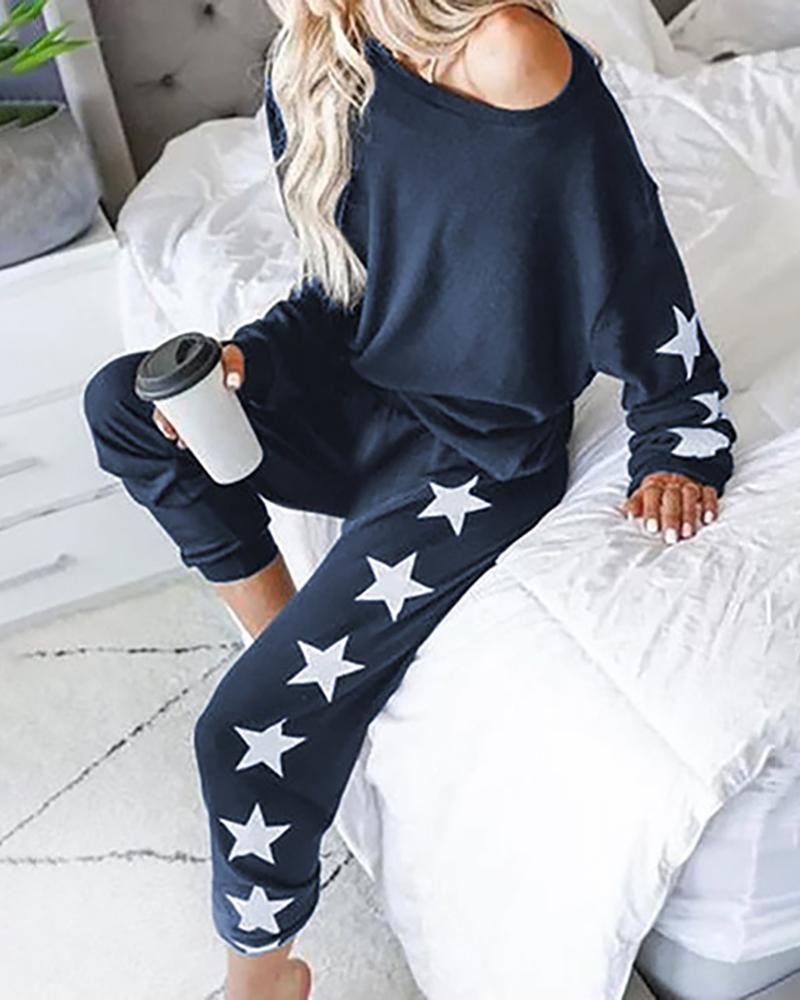 

Star Print Drawstring Round Neck Pajamas Sets, Dark blue