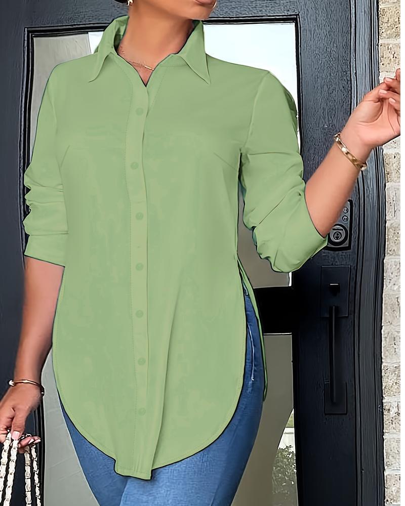 

Plus Size Buttoned Slit Long Sleeve Shirt, Green