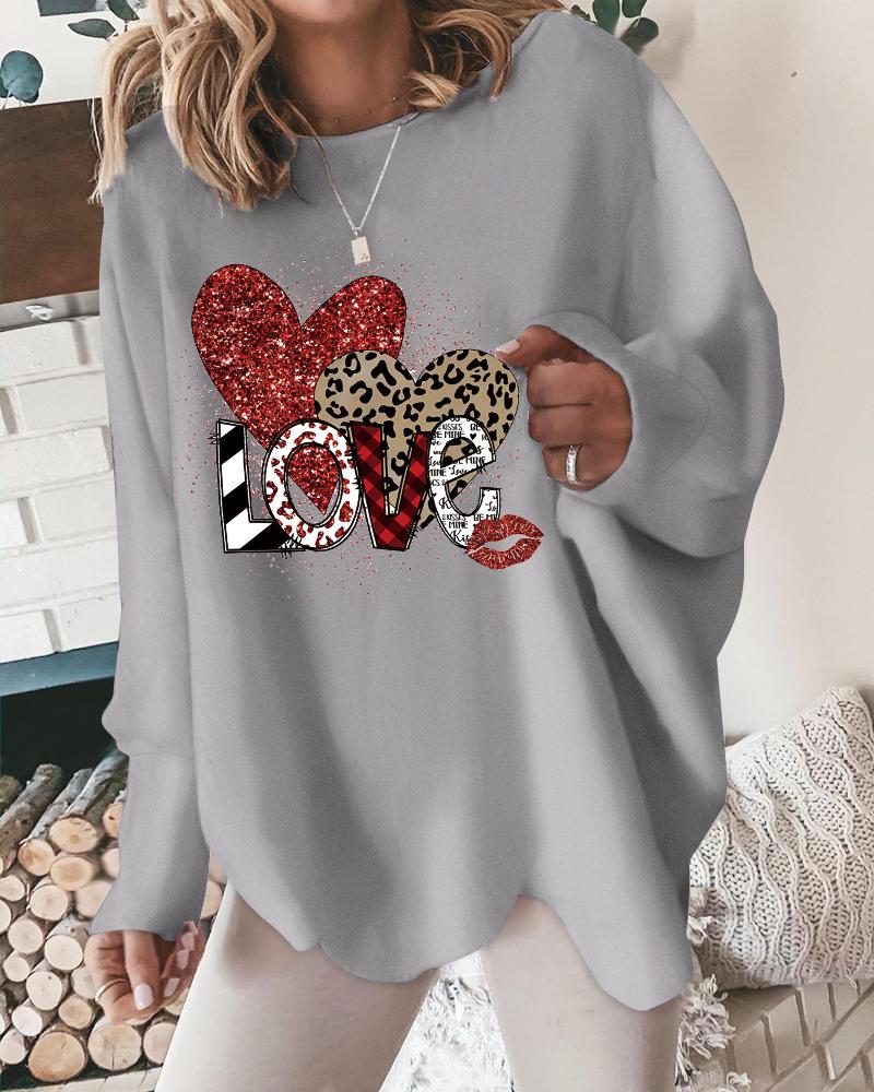 

Valentine' Day Love Heart Lip Print Long Sleeve Casual Top, Gray