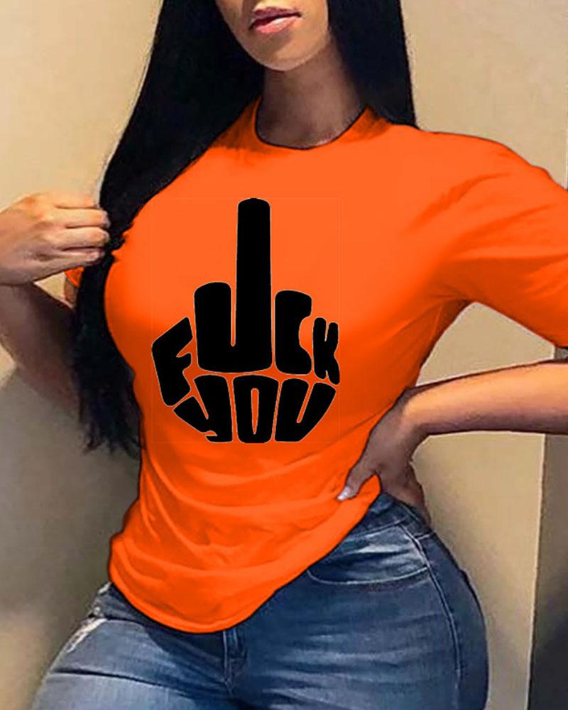 

Slogan Print Short Sleeve Casual T-shirt, Orange