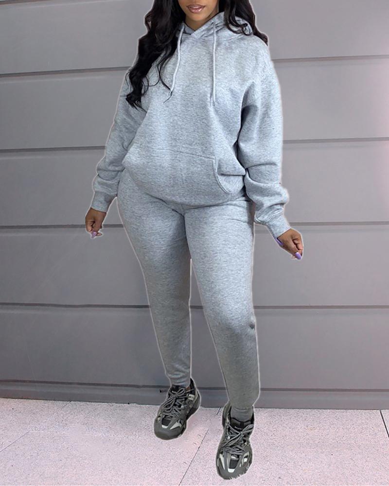 

Pocket Design Long Sleeve Hooded Sweatshirt & Pants Set, Gray