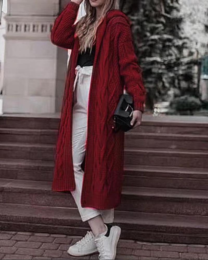 

Hooded Open Front Cable Knit Longline Cardigan, Wine red