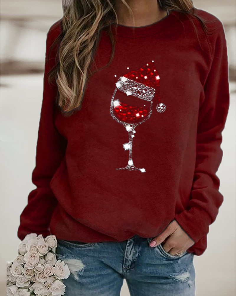 

Christmas Wine Glasses Hat Print Long Sleeve Sweatshirt, Wine red