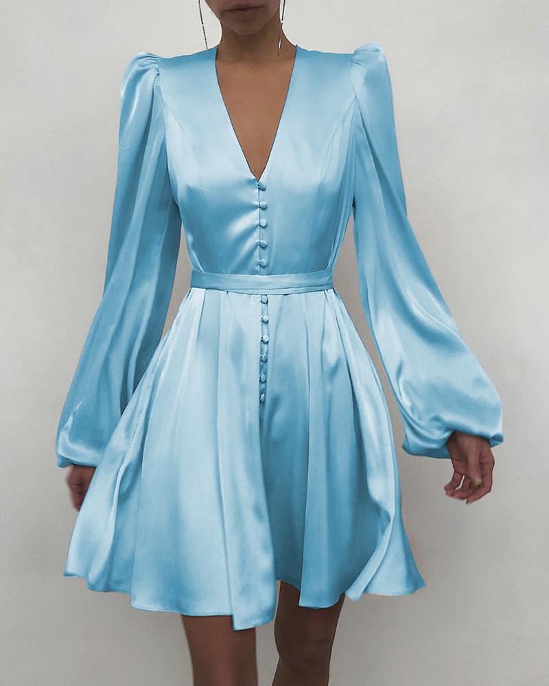 

Puff Lantern Sleeve Button Front Satin Dress, Blue