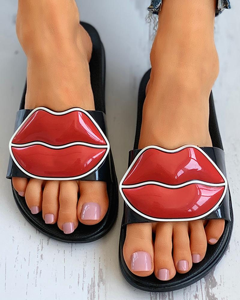 

Open Toe Lip Pattern Flat Sandals, Black