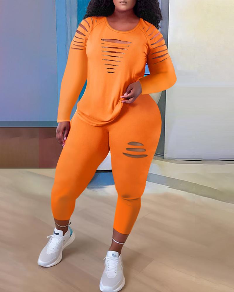 

Plus Size Ladder Cutout Top & High Waist Pants Set, Orange
