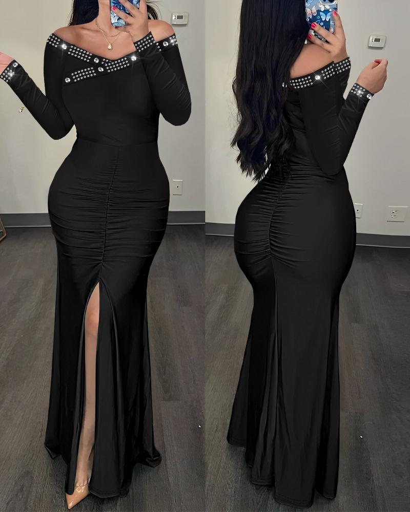 

Rhinestone Off Shoulder Slit Ruched Party Dress, Black