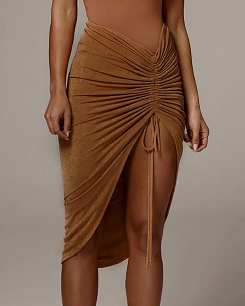 

High Waist Drawstring Ruched Slit Skirt, Brown