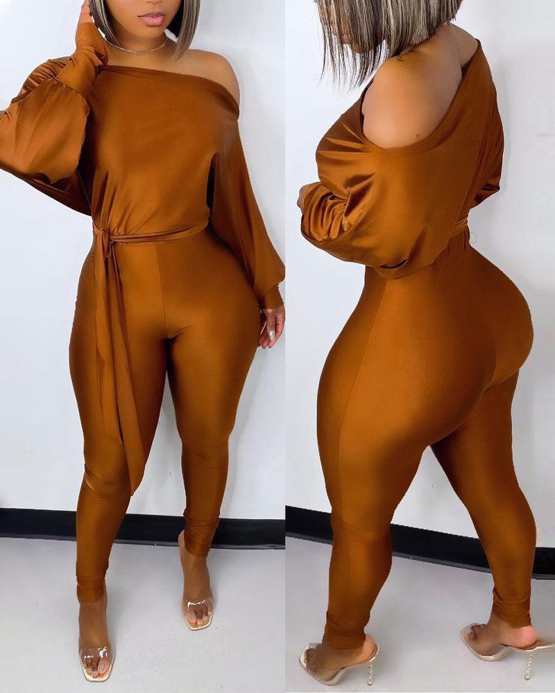

Lantern Sleeve Belted Skinny Jumpsuit, Brown