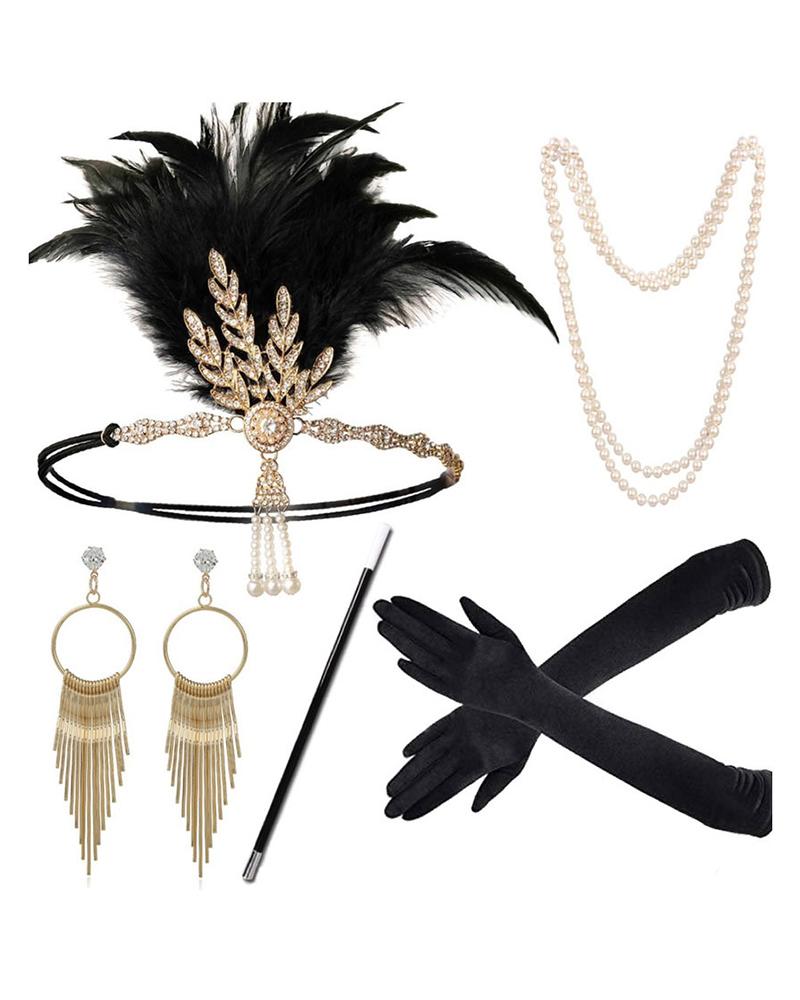 

5PCS Great Gatsby Accessories With Headband Earrings Pearl Necklace Gloves Handheld Props 1920s Flapper Costume Vintage Accessories, Style1