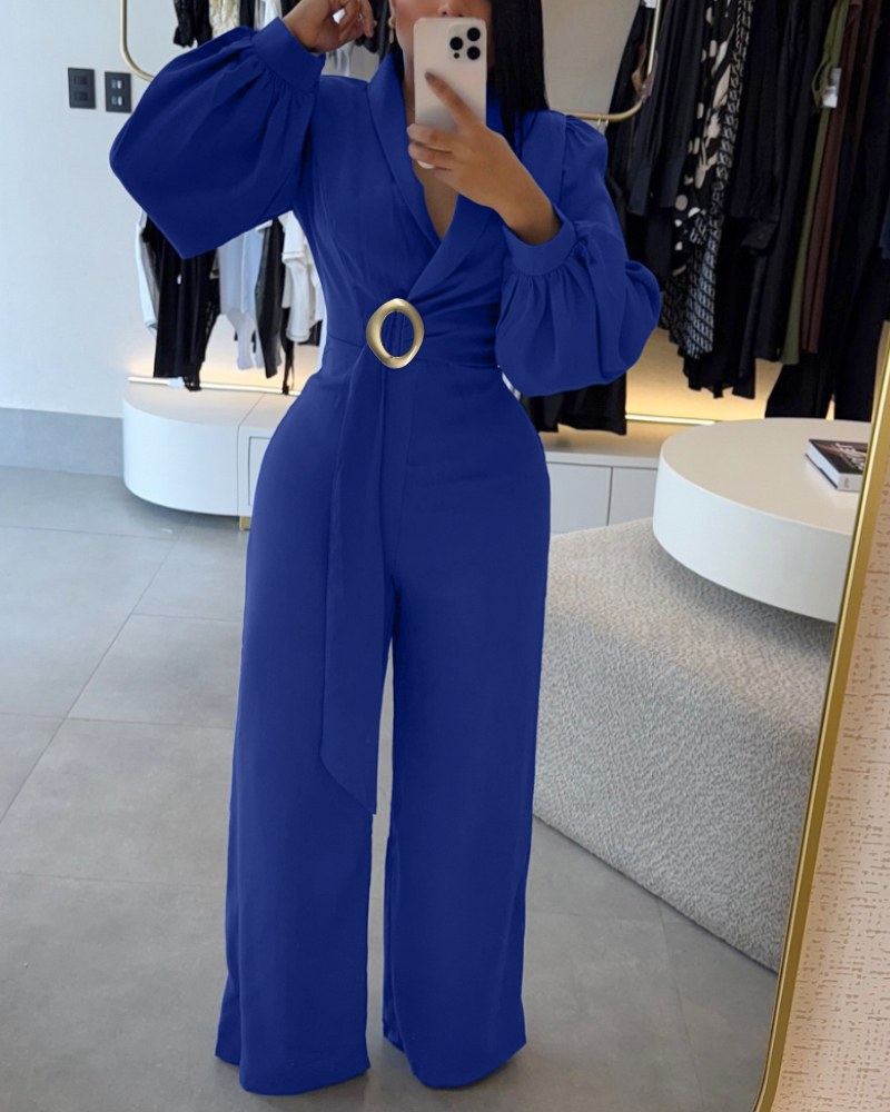 

Macacão casual com decoração de anel de metal, decote em V, manga lanterna, zíper nas costas, cintura marcada, perna larga, Blue