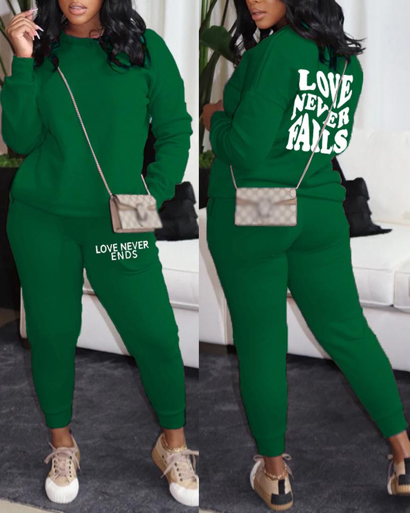 

Plus Size Letter Print Long Sleeve Top & Pants Set, Green