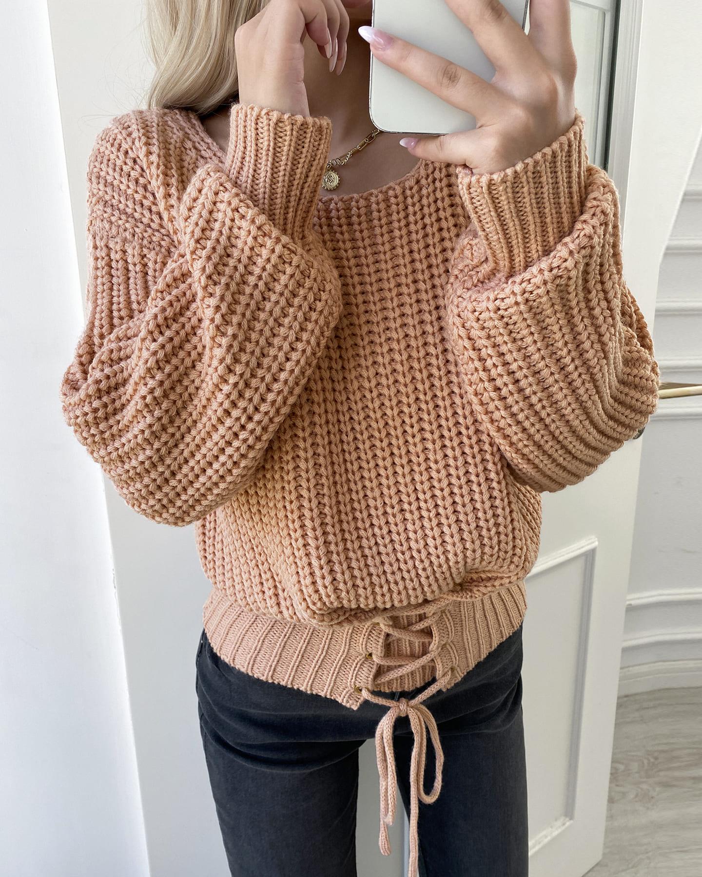 

Eyelet Lace-up Knit Drop Shoulder Long Sleeve Sweater, Khaki