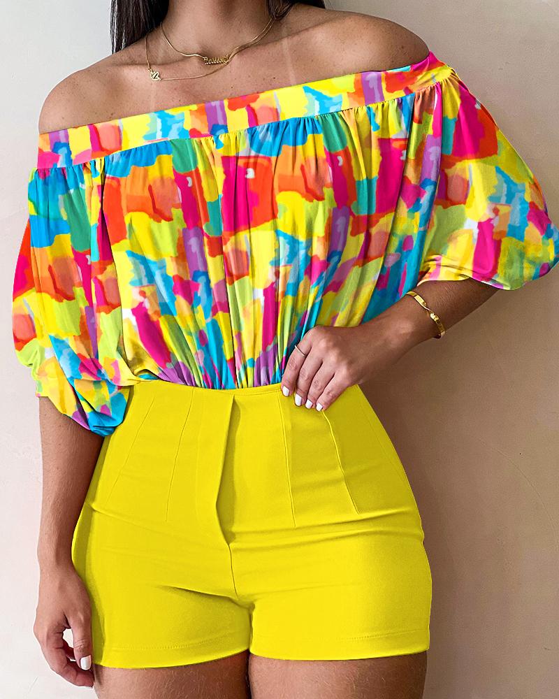 

Tie Dye Print Ruched Off Shoulder Top & Shorts Set, Yellow