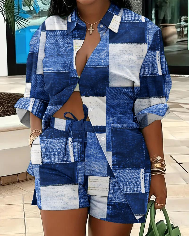 

Denim Look Print Buttoned Top & Drawstring Shorts Set, Blue