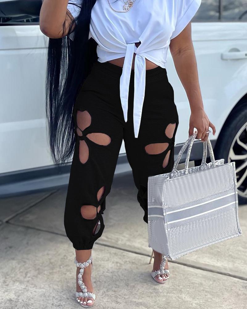 

Cutout Design Drawstring Cuffed Pants, Black