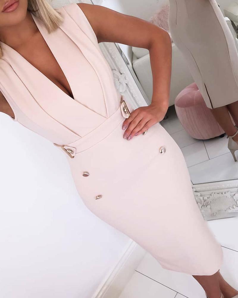 

Plunge Sleeveless Buttoned Bodycon Dress, Pink
