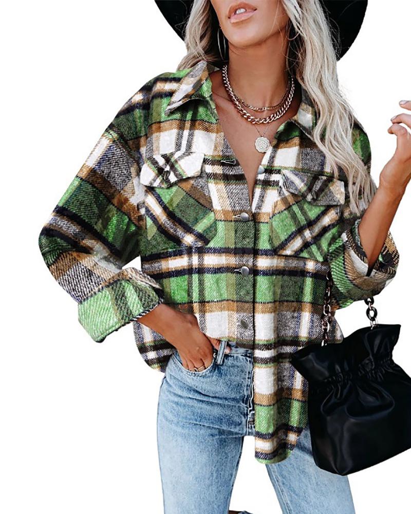 

Buttoned Pocket Design Plaid Print Top, Green