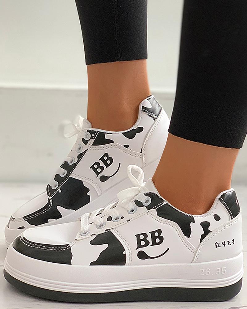 

Cow Letter Print Eyelet Lace-up Sneaker, Black&white